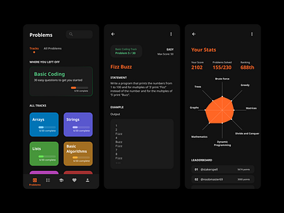 Coding Platform App - Concept app code coding competitive programming design figma game learning platform programmer programming rank score skill ui ui design