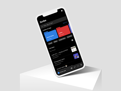Home screen mockup | Scribe notes mobile app 12 bold clay dark dark mode device figma folders grid icons iphone list mobile mobile ui mockup mockup scene night phone search tags