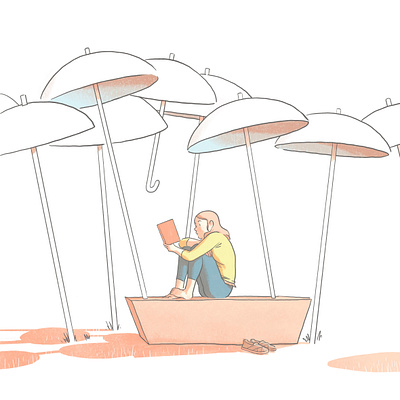 Bus stop books bus stop editorial illustration girl illustration reading reading book spot illustration umbrellas