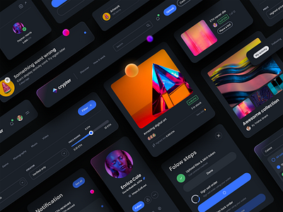 Crypter® – NFT Marketplace – Dark Components app card cards ui dark component dark mode dark theme filter mobile app modal navigation nft marketplace online store responsive ui ui design ui kit user interface ux ux design web