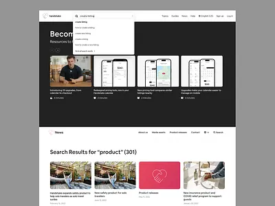 Help Center + Product Search page for HandShake asking user business calendar creative dark mode data upgrades informative interface layout multifunctional pricing tools product releases product search ready made responses resources response safety products search results visuals web design white mode