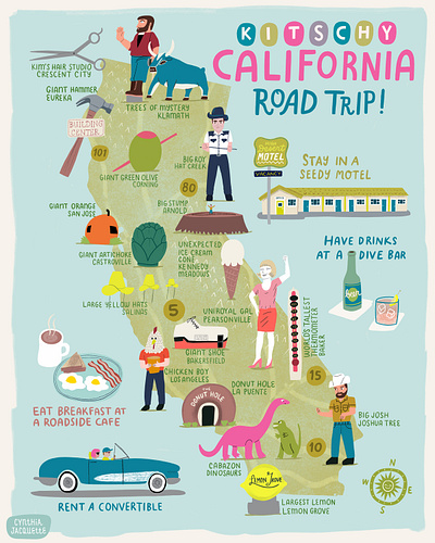 Kitschy California Road Trip Map map map illustration