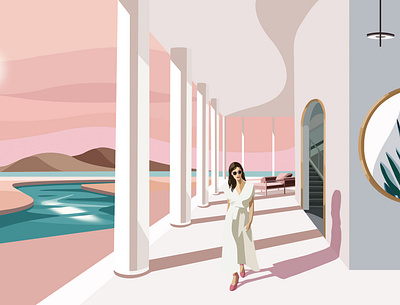 Summer vibes beauty character cosmetics evening face female gold hair hot hotel hygiene illusion illustration panic studio resort summer warm woman