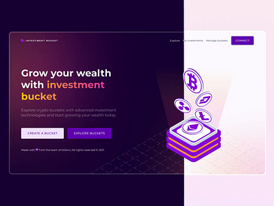 Investment bucket - Crypto investing platform bitcoin blockchain branding colourful colours crypto dark theme dark ui design gradient isometric design isometric illustration light ui minimal trading typography vector web web design website