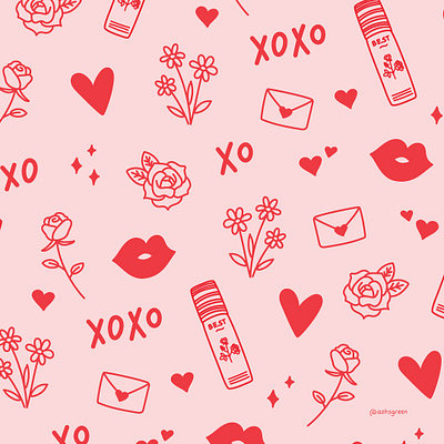 Beauty brand pattern beauty brand branding hearts illustrated pattern kisses letters pattern design pink and red roses skincare products