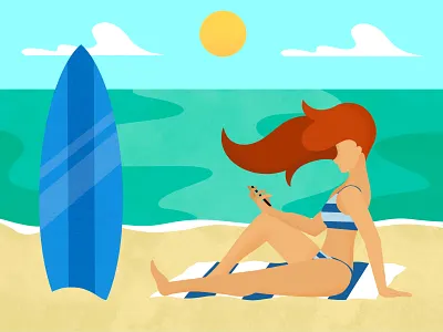 Summer Beach Vibes beach bikini blue digital art digital illustration digital painting girl girl character green illustration ocean procreate red sand surf water woman yellow