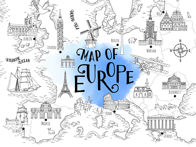 Map of Europe art black and white capitals europe hand drawn hand drawn illustration illustration ink landmarks map map design