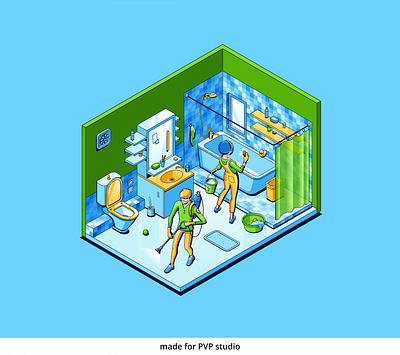 Bathroom cleaning 2d art creative design drawing fineart illust illustration isometric painting vector