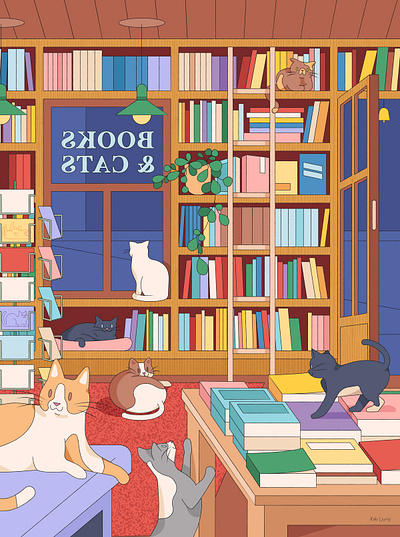 Cat Bookshop books cats digital folioart illustration kiki ljung puzzle vector