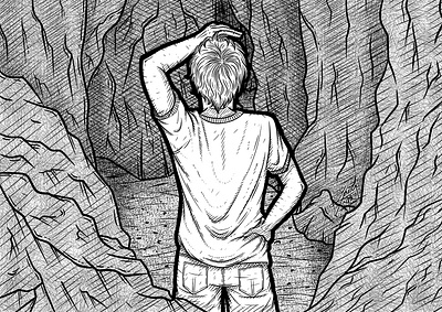 Maze alone canyon cross hatching dark digital drawing formation illustration labyrinth landmark line art lost man man illustration maze natural rock rocks stone stylized