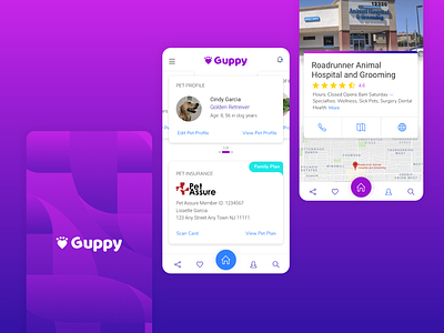 Guppy Mobile Application for Pet Owners app dog insurance location logo pets photoshop profile purple ui uiux