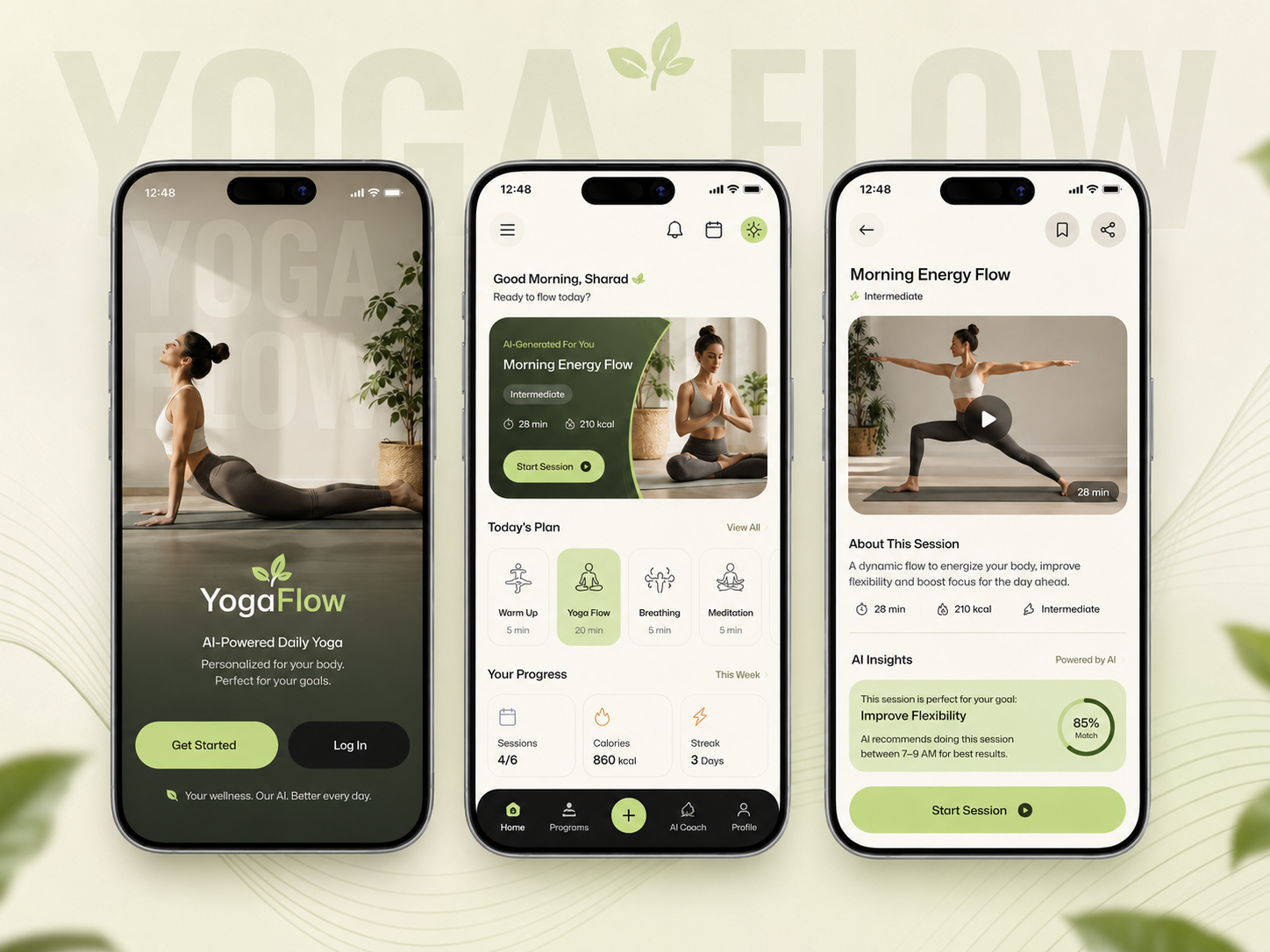 YogaFlow: AI-Powered Wellness & Yoga Experience ai ai coach ai insights app ui designoweb technologies fitness app meditation modern ui schedule building trending ui ui ux yoga session yoga ui