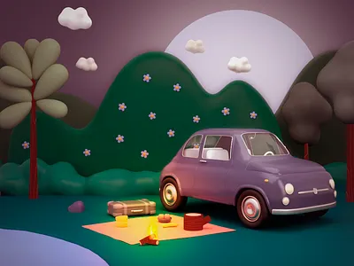 illustration 3D 3d c4d car cinema4d concept design forest illustration picnic scenery