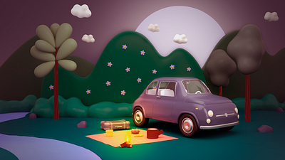 illustration 3D 3d c4d car cinema4d concept design forest illustration picnic scenery