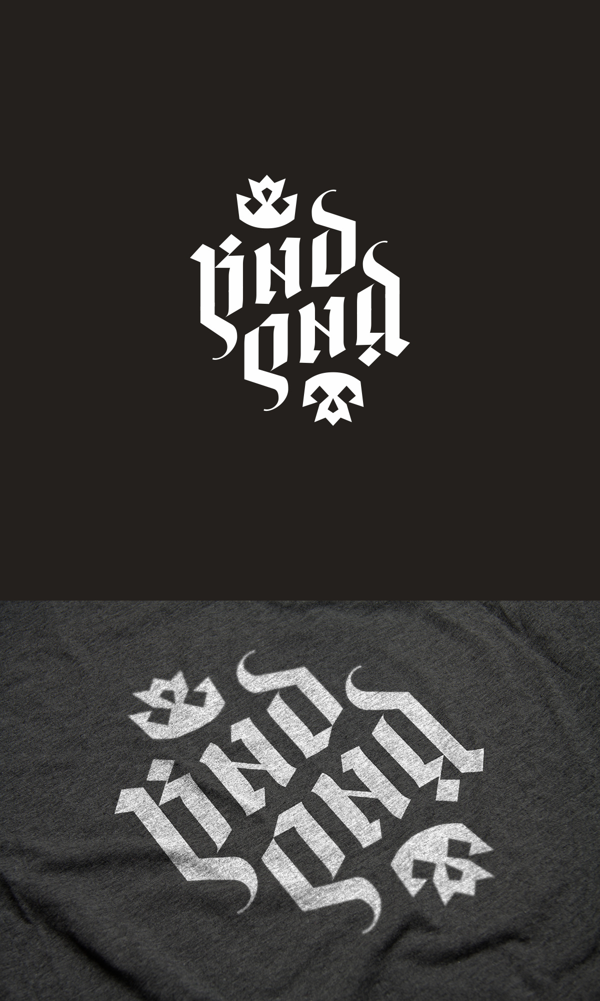 KND-QND ambigram logo ambigram blackletter crown custom lettering king lettering logo queen skull