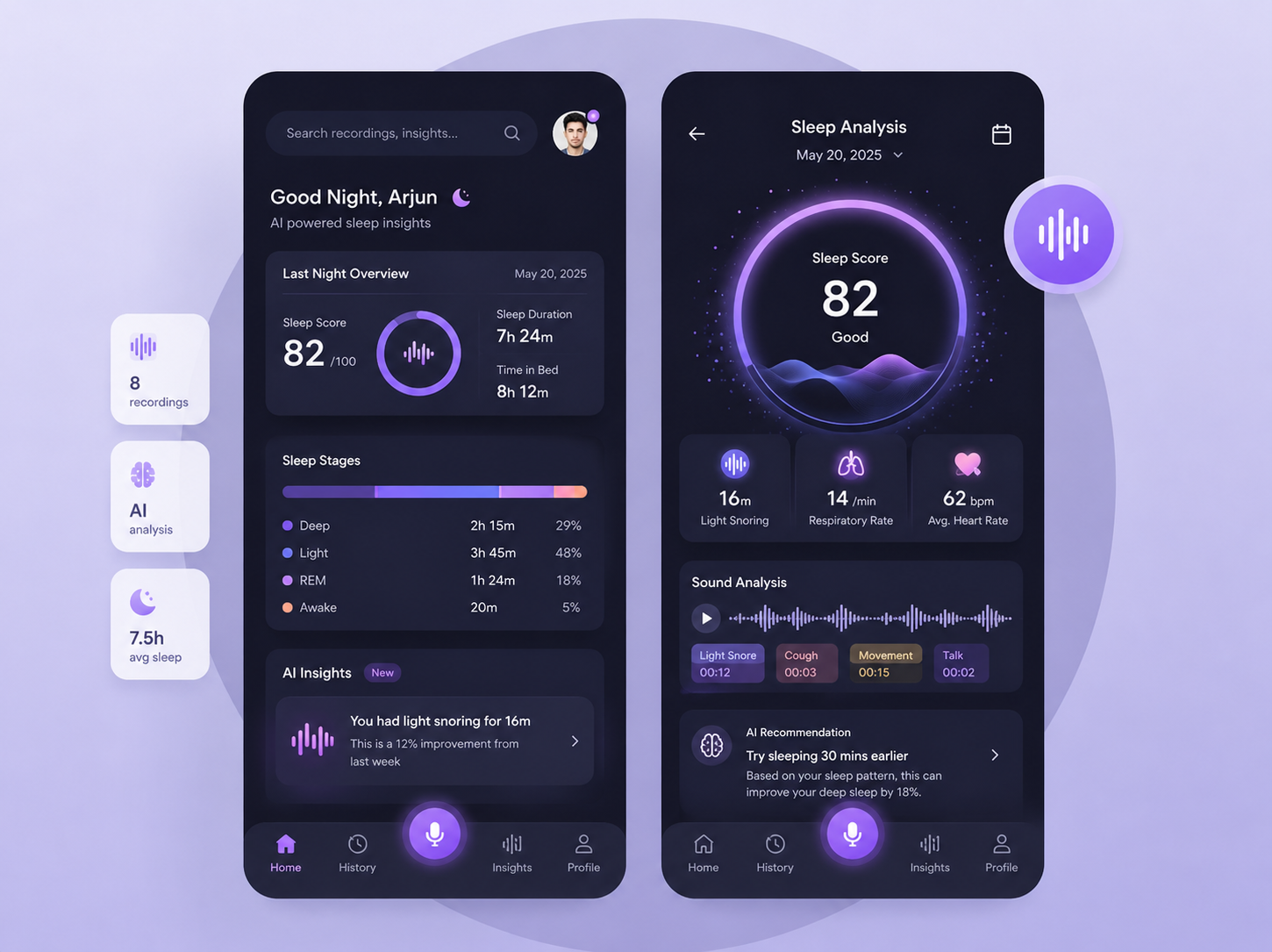 Sleep Smarter: AI-Powered Sleep Analysis Experience ai insights ai recommendation app ui designoweb technologies good sleep health tech sleep analysis sleep data sleep tech sleep tracker snore detection ui ux voice and ai