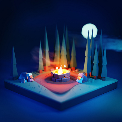 S'mores blender blender 3d campfire low poly moon trees