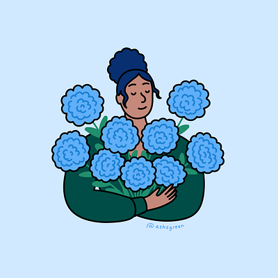 Flower girl blue and green character art character illustration cute flowers girl with flowers illustration simple line art vector