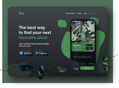 Plants 4 people App Landing Page dark dark app dark mode dark theme dark ui design green landing landing design landing page landingpage monstera plant plant app plants plantshop ui ux vector web