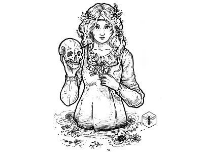 Ophelia black and white engraved gravure handdrawn illustration ink ophelia shakespeare