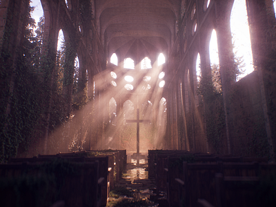 Last Days ✝️ 🕊 3d c4d church cross environment design fog forest godrays growth ivy lighting modeling octane sun textures trees vines