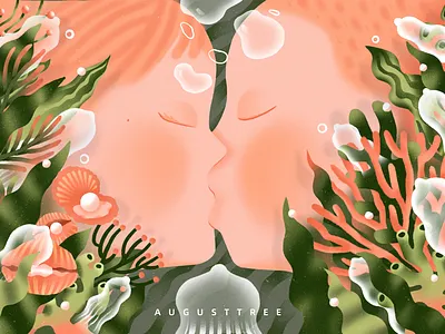 邂逅 character coral design flat green illustration kiss pearl pink procreate undersea