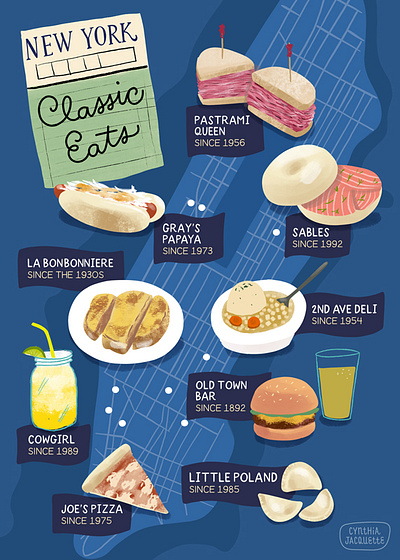 New York Classic Eats Illustrated Map infographics map map illustration