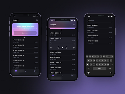 Call Recorder Design blur calls dark mode history ios tab bar navigation play player ui recorder search sound tabs voice