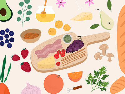 Sunday Brunch - Food Illustration aperitivo bacon blueberries bread brunch charcuterie cheesecake food food illustration french honey italy mushrooms oranges picnic platter procreate spain sunday wine