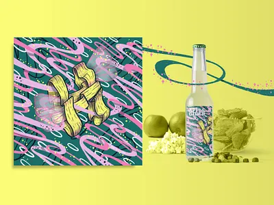 2021 36DOT Series - Letter H bottle label celestial cider drinks green hand drawn hand lettering illustration intricate mockup packaging pattern pink ribbons typography yellow