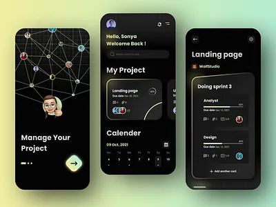 Project management App dark mode dark theme figma mobile app project management task management task management app trend trending trendy