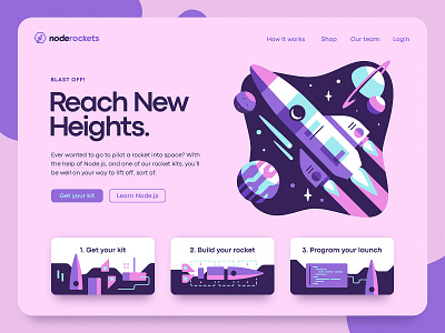 Node Rockets hero illustration landing page node planet rocket space steps ui ux web design