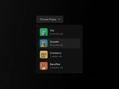 Button & Dropdown button button design button states button style dark mode dogs dropdown dropdown menu dropdown ui dropdowns hover state list menu design puppies puppy select select menu ui