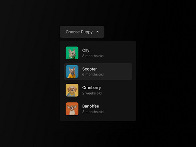 Button & Dropdown button button design button states button style dark mode dogs dropdown dropdown menu dropdown ui dropdowns hover state list menu design puppies puppy select select menu ui