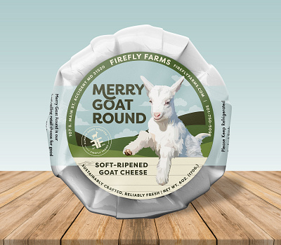 Firefly Farms Merry Goat Round Goat Cheese animal blue branding cheese cream dairy design farm goat green illustration label merry packagedesign packaging round sky wood