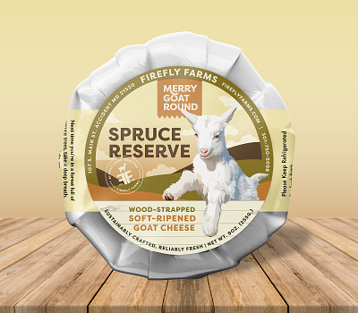 Firefly Farms Spruce Reserve Goat Cheese animal branding bright cheese cream design farm food fresh goat green illustration label orange packagedesign packaging spruce warm wood yellow