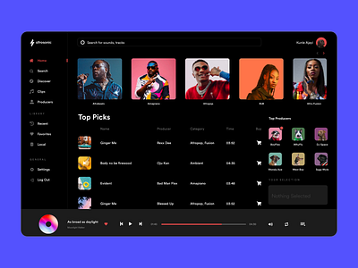 Afrosonic Concept Dashboard app branding dark ui dashboad design logo music redisign ui ux web web design