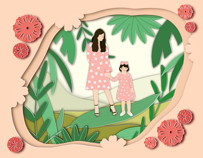 Paper Cut Style - I love you mom colorful daughter digitalart flower gift green greens illustration kid leaf mom nature papercraft papercut pink plants woman