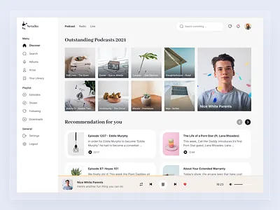 Netalks - Podcast Desktop Platform card clean desktop discover hierarchy image menu design minimalist music objects player podcast podcasting recommendation solid talk user interface website whitespace