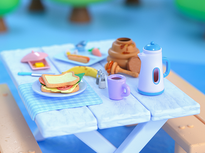 Snack time 3d 3d art 3d modeling breakfast camping cinema4d colorful cute food game art graphic design illustration octane picnic render visual art