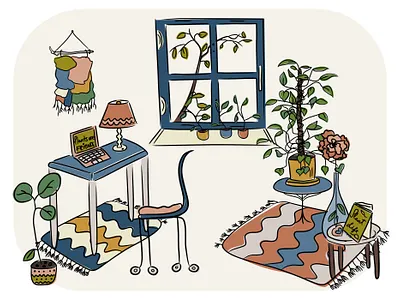 Green Home Office Vector Illustration affinitydesigner bohemian bohemian home boho colorful cozy home green green office happy home home illustration home office illustration interior office interior plant illustration plants vector home work from home
