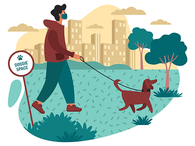 walking with the dog character city coronavirus design dog flat grass happy illustration man mask park pet care quarantine vector walking