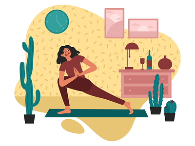 home yoga character design flat girl home training illustration oum peaceful room sport vector yoga