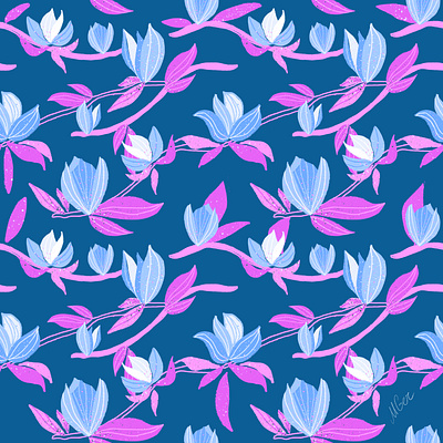 Blue Magnolia blossoms blossom blue branch design floral floral pattern flower illustration magnolia print seamlesspattern surface design