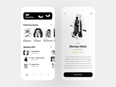 Comic App anime app blackandwhite book comic dark emotional design flat horror illustration minimal product design reading sketching thriller ui