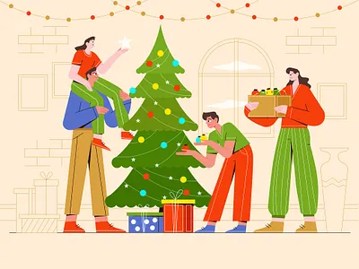 Family Decorates a Christmas Tree - Vector Illustration character christmas party creative family illustration professional template ui ux vector