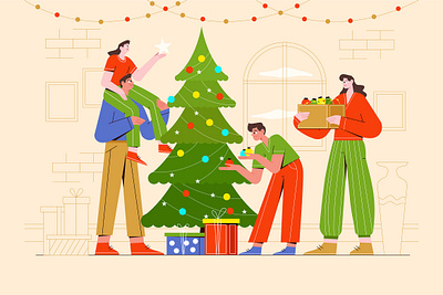 Family Decorates a Christmas Tree - Vector Illustration character christmas party creative family illustration professional template ui ux vector