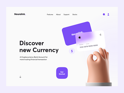 Neurolink Hero Header / Cryptocurrency Bank 3d hand card clean credit crypto cryptocurrency currency exchange finance glassmorphism header hero landing page money simple stock ui ux webdesign website