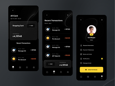 Finance - Mobile bank application 💳 bank app bank ui banking card card design dark ui design design app finance financial financial app glass glass effect mobile app mobile ui profile transaction ui wallet walletapp