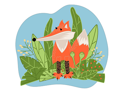 The drawn cartoon fox sits among the green grass and bushes. animal beautiful botany cartoon cartoon fox children illustration closeup cute decorative drawn fox forest fox foxy fur mammal natural plant portrait predator wildlife